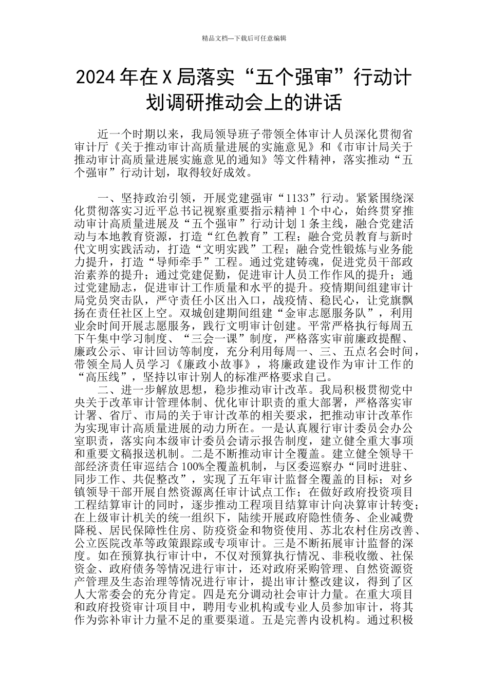 2024年在X局落实“五个强审”行动计划调研推进会上的讲话_第1页