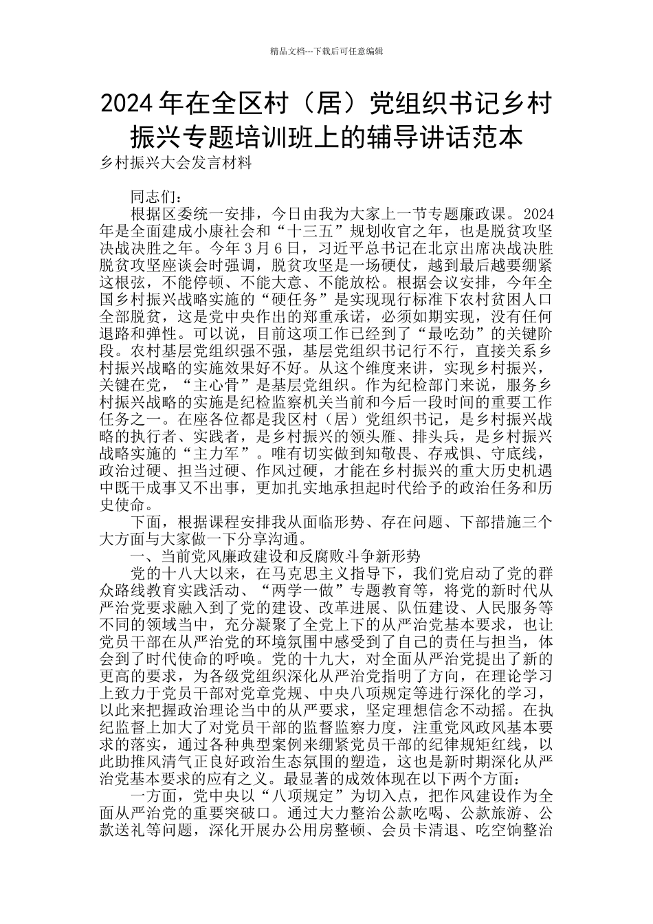 2024年在全区村党组织书记乡村振兴专题培训班上的辅导讲话范本_第1页