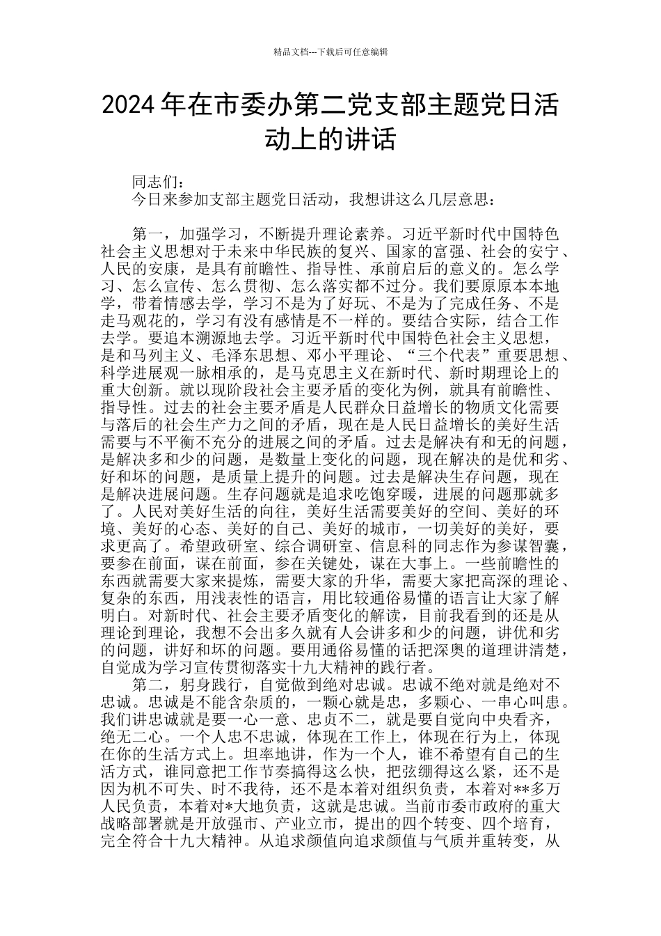 2024年在市委办第二党支部主题党日活动上的讲话_第1页