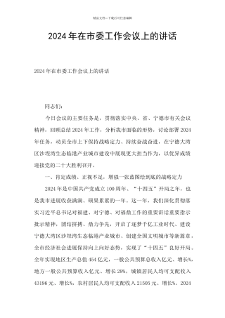2024年在市委工作会议上的讲话