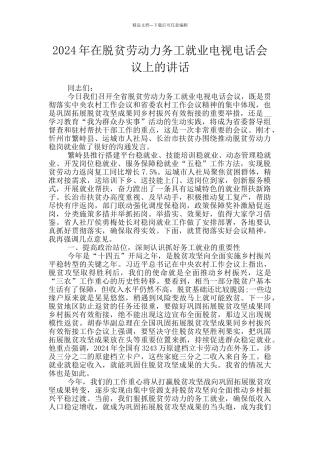 2024年在脱贫劳动力务工就业电视电话会议上的讲话