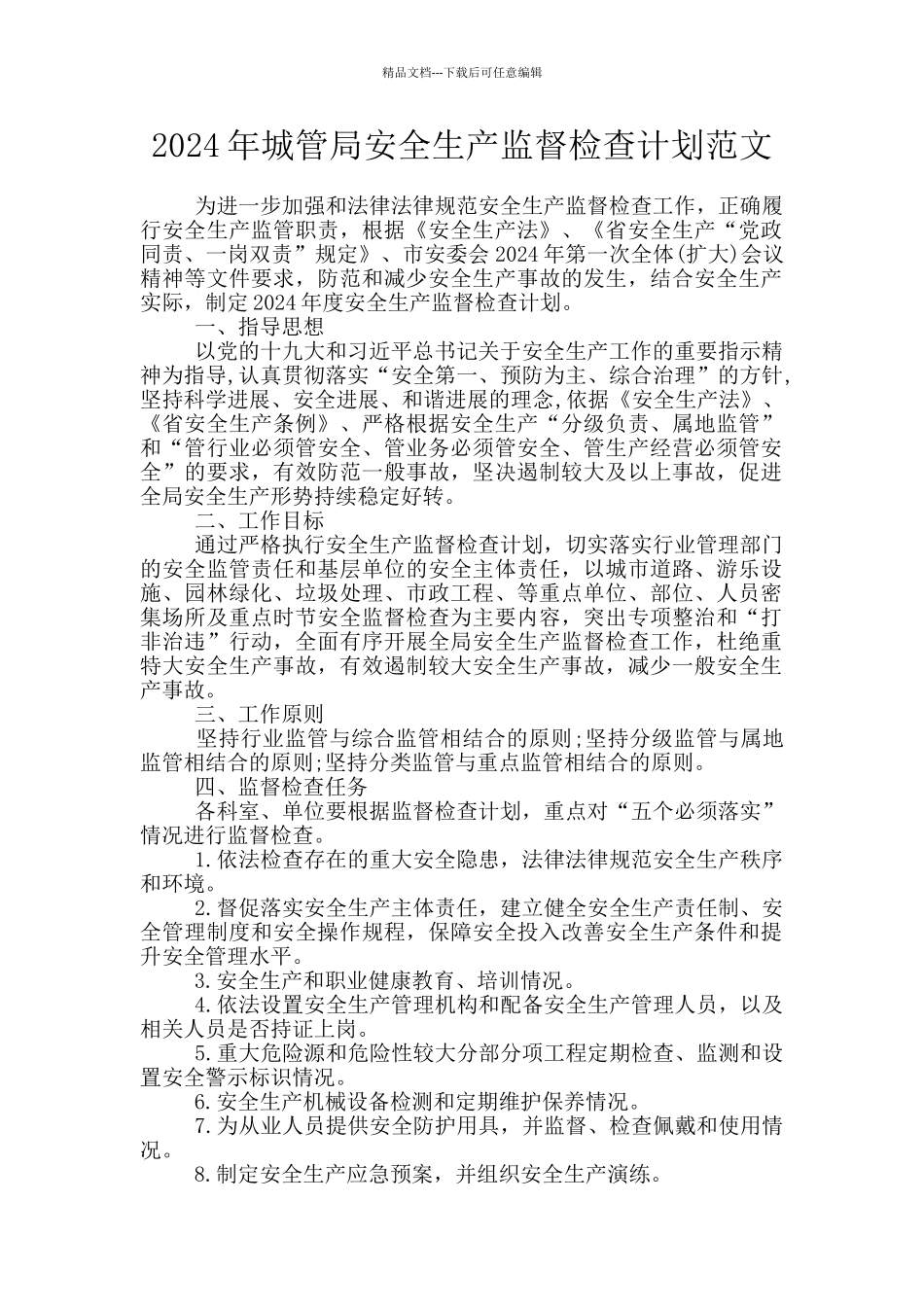 2024年城管局安全生产监督检查计划范文_第1页