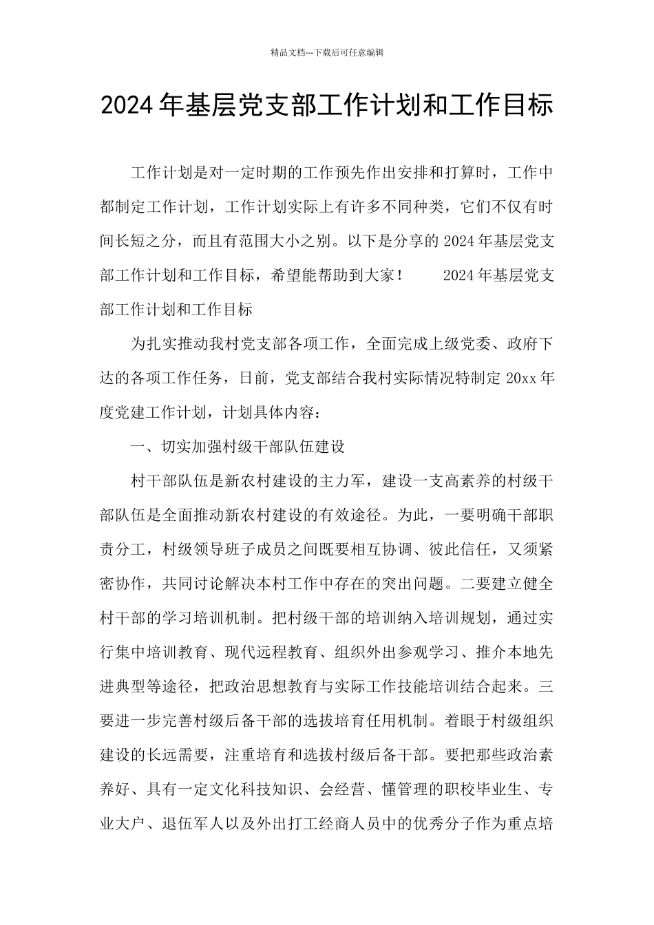 2024年基层党支部工作计划和工作目标_第1页