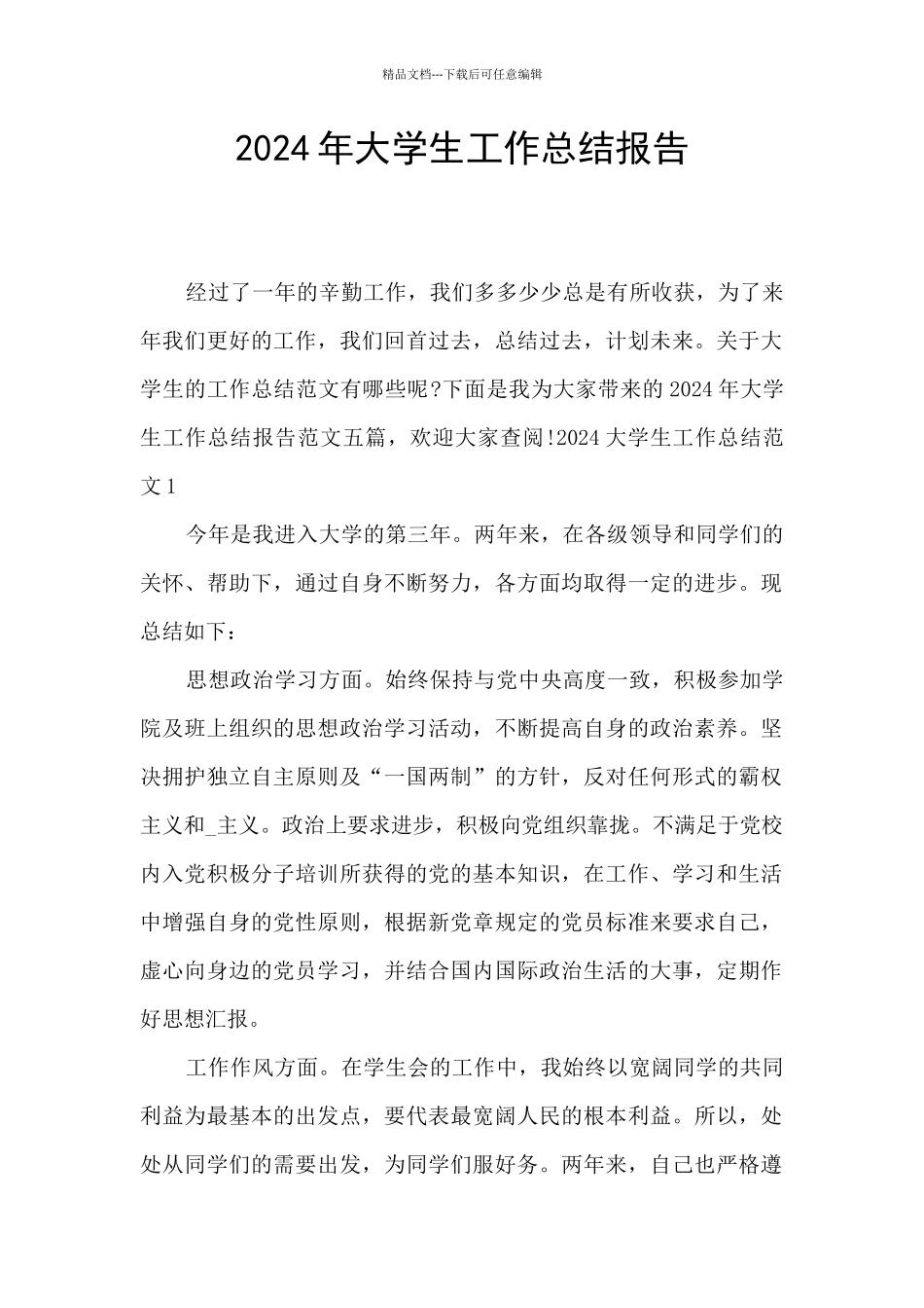 2024年大学生工作总结报告_第1页