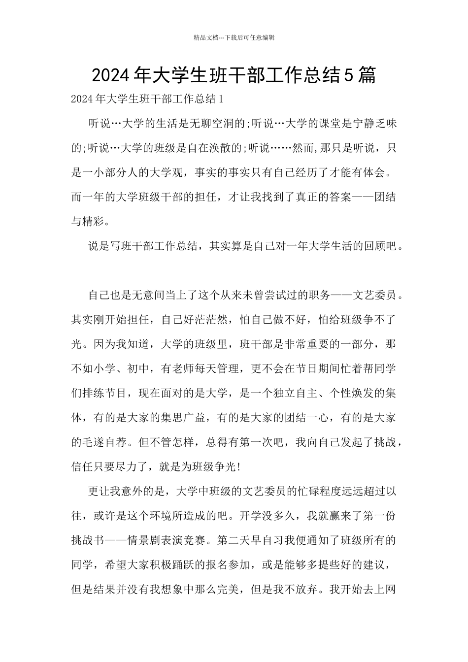 2024年大学生班干部工作总结5篇_第1页