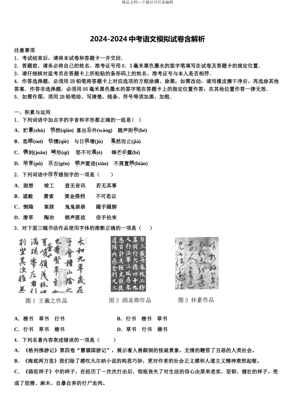 2024年安徽省合肥市北城片区中考语文适应性模拟试题含解析_第1页