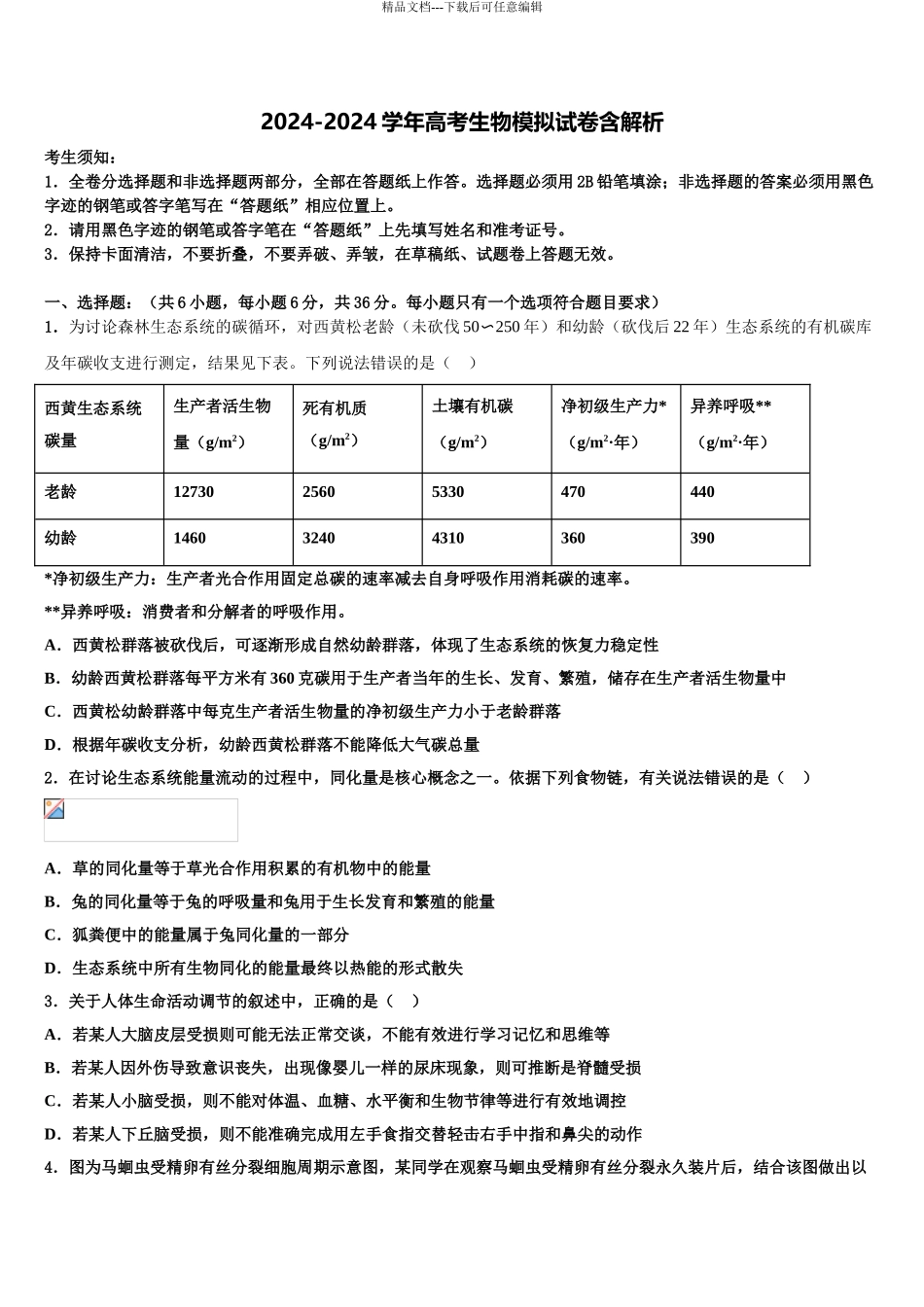2024年安徽省合肥市高考适应性考试生物试卷含解析_第1页