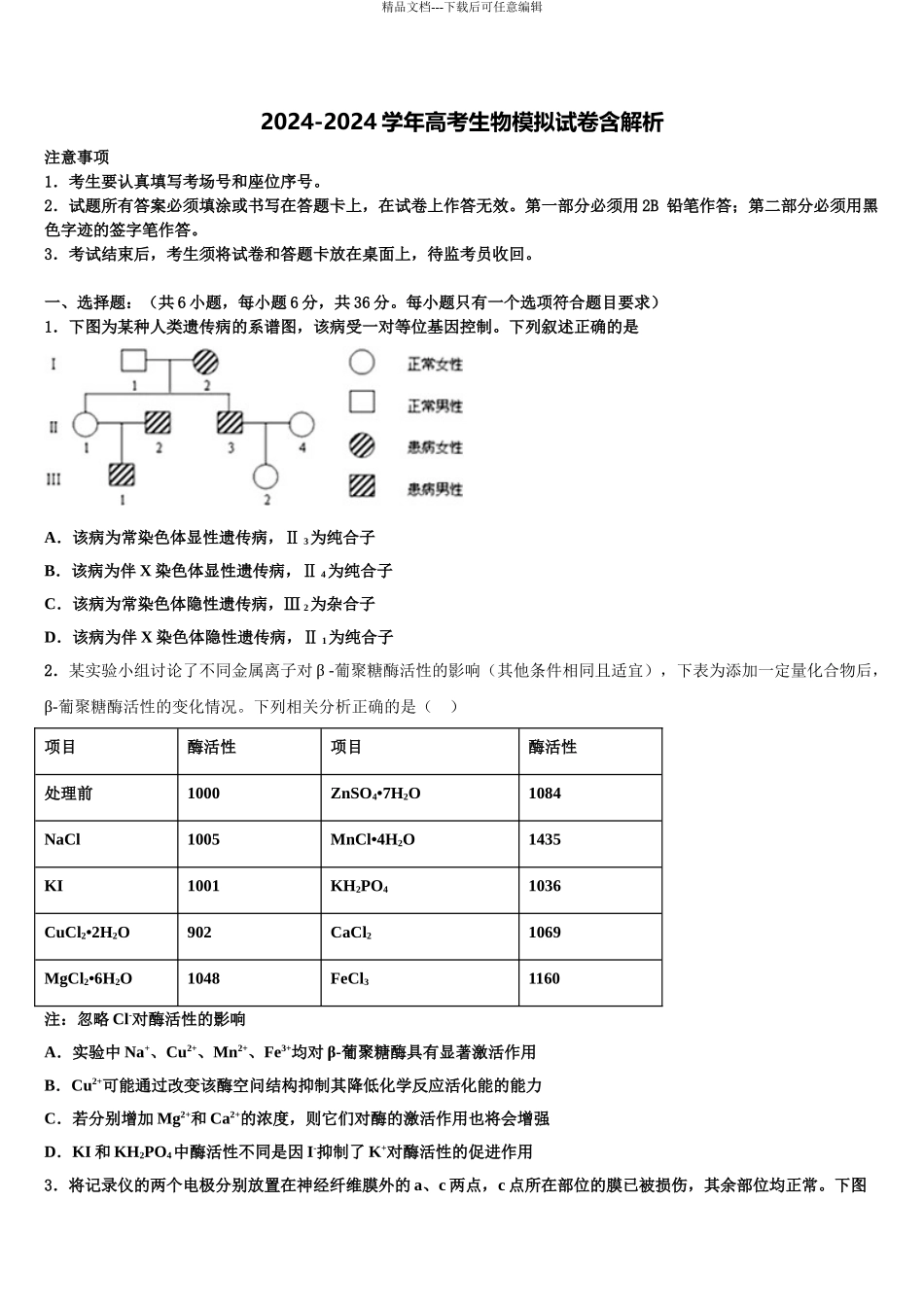 2024年安徽省舒城县龙河中学高考生物全真模拟密押卷含解析_第1页