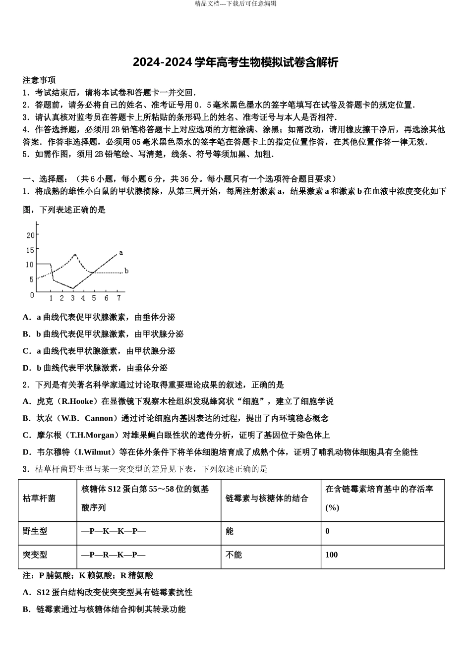2024年安徽省萧县中学高考生物考前最后一卷预测卷含解析_第1页