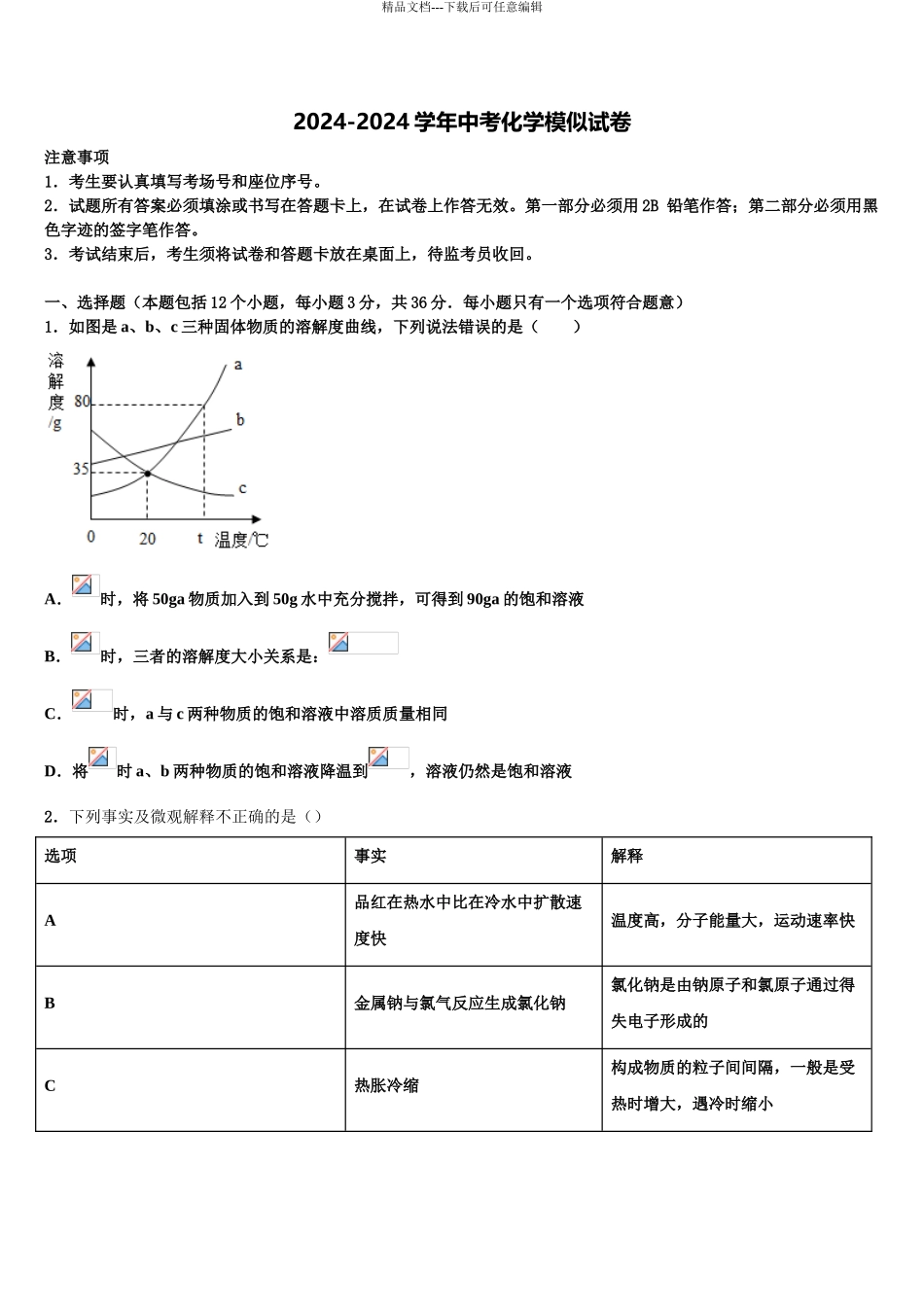 2024年安徽省阜阳市城南中学中考化学模拟试题含解析_第1页