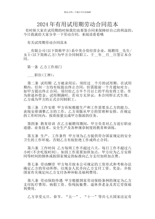 2024年实用试用期劳动合同范本