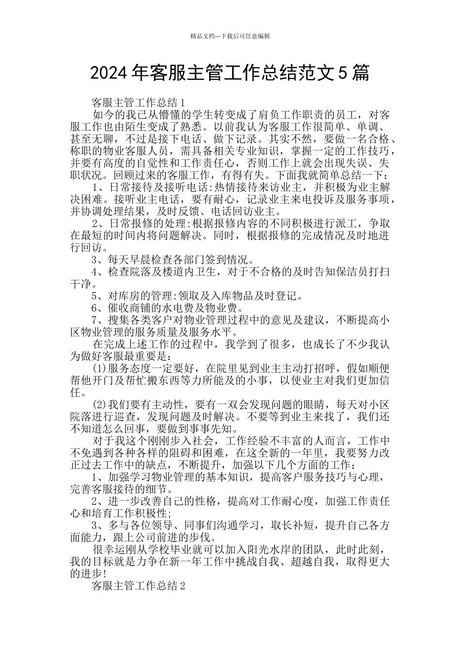 2024年客服主管工作总结范文5篇_第1页