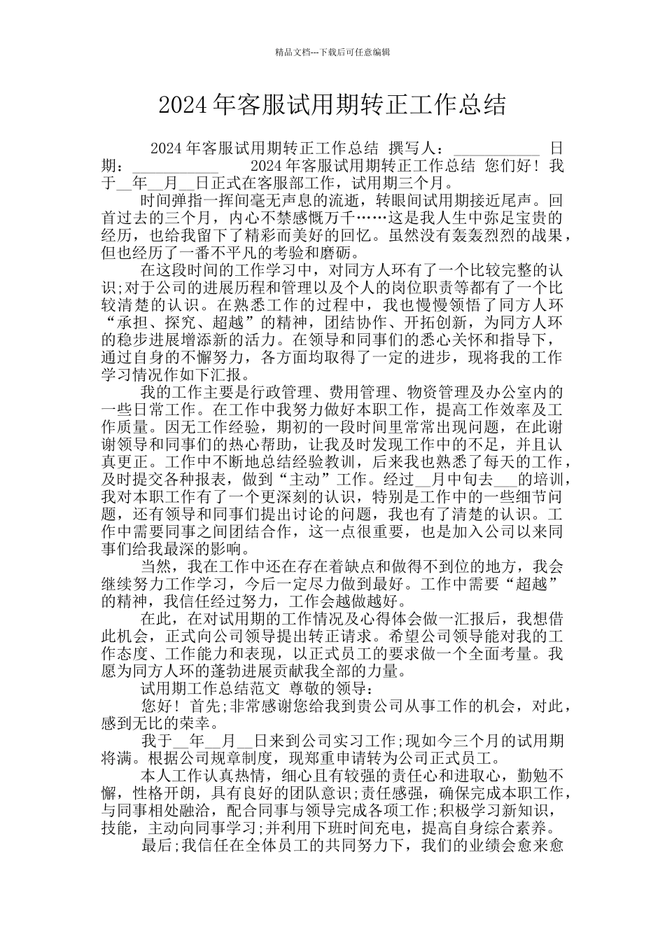 2024年客服试用期转正工作总结_第1页
