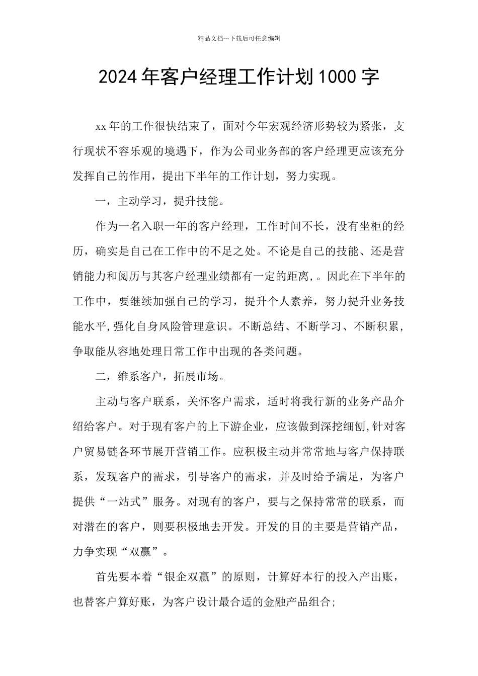 2024年客户经理工作计划1000字_第1页