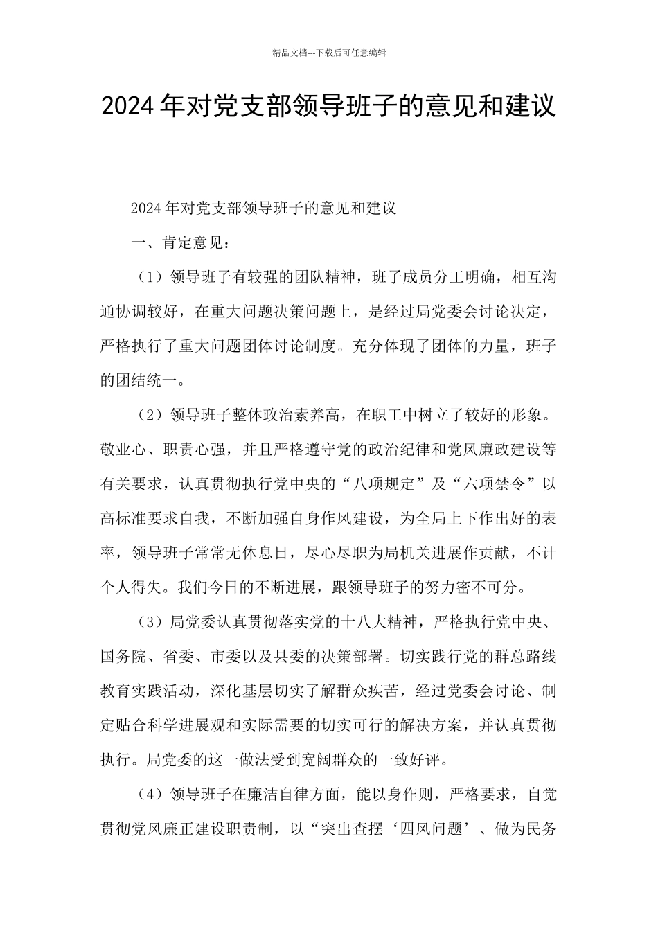 2024年对党支部领导班子的意见和建议_第1页