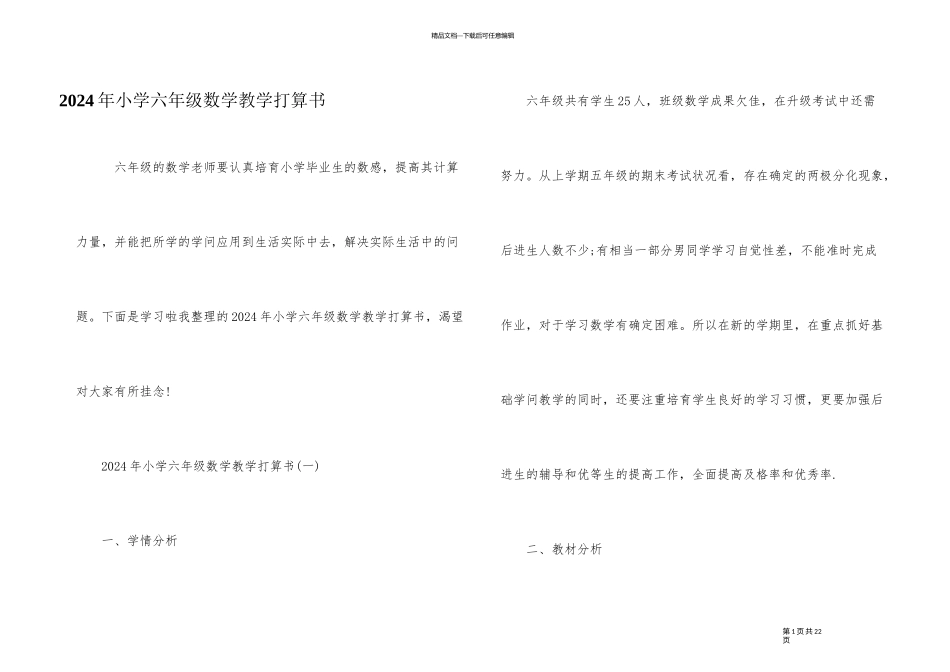 2024年小学六年级数学教学计划书_第1页