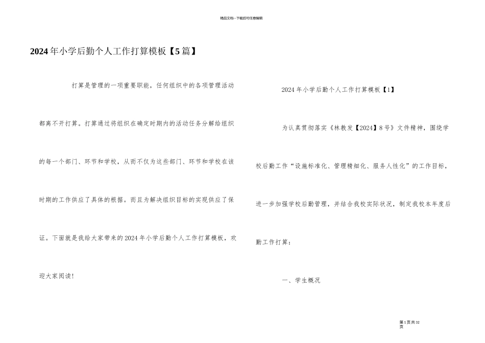 2024年小学后勤个人工作计划模板_第1页