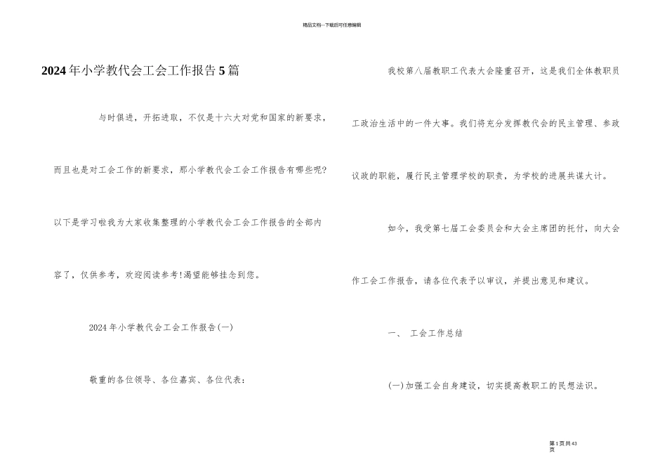 2024年小学教代会工会工作报告5篇_第1页