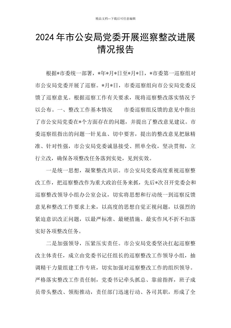 2024年市公安局党委开展巡察整改进展情况报告_第1页