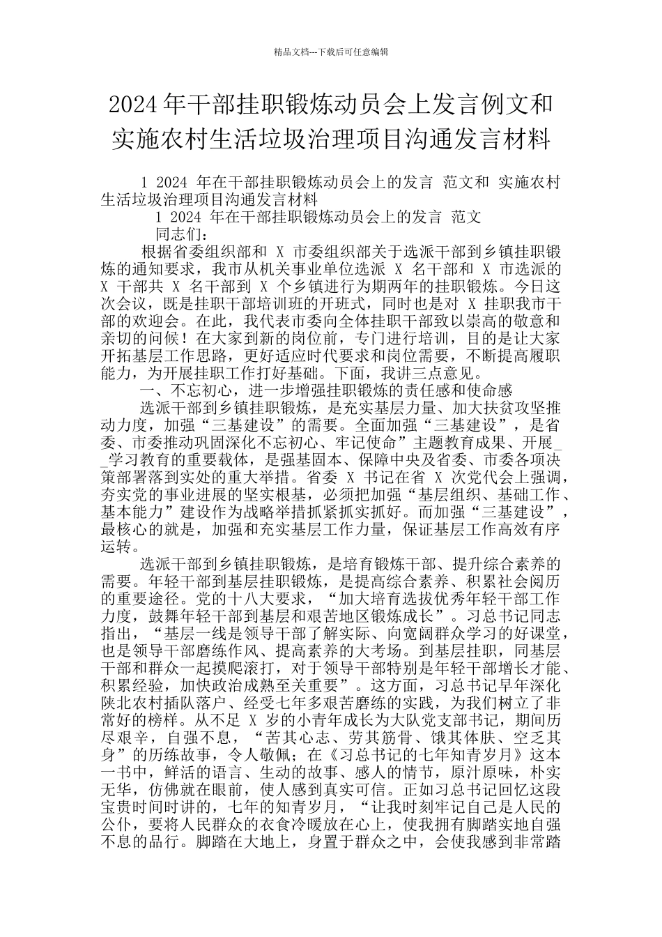 2024年干部挂职锻炼动员会上发言例文和实施农村生活垃圾治理项目交流发言材料_第1页