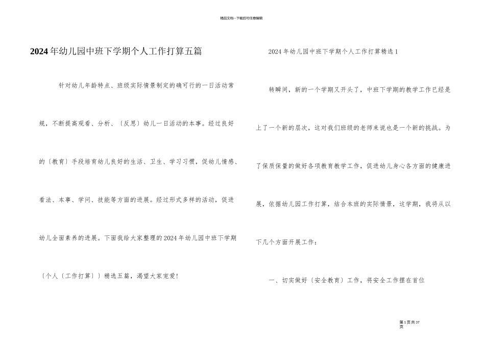 2024年幼儿园中班下学期个人工作计划五篇_第1页
