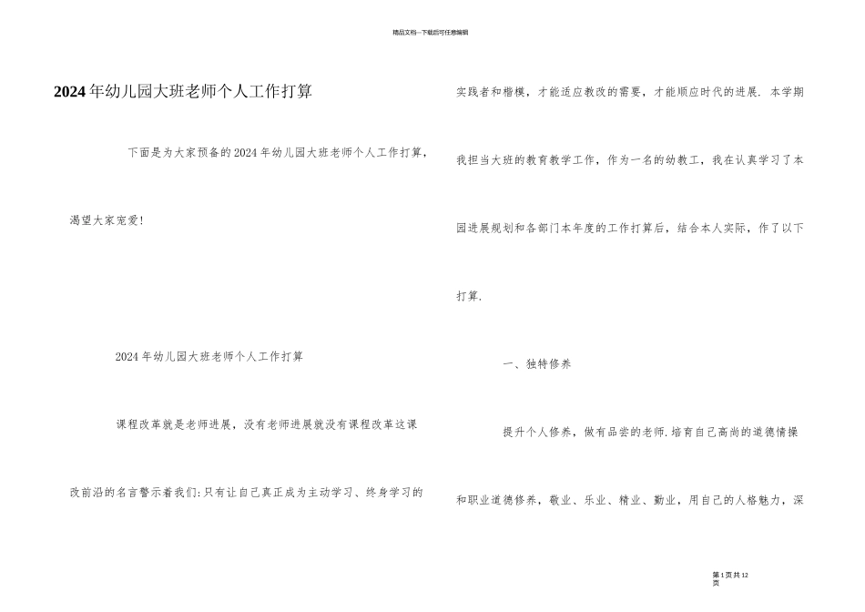 2024年幼儿园大班教师个人工作计划_第1页