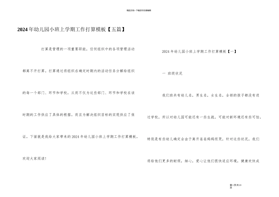 2024年幼儿园小班上学期工作计划模板_第1页