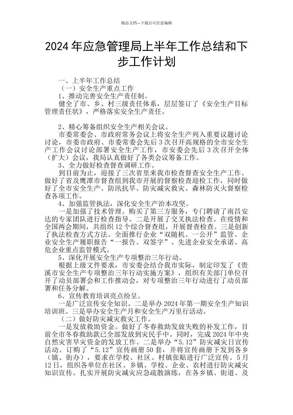 2024年应急管理局上半年工作总结和下步工作计划_第1页