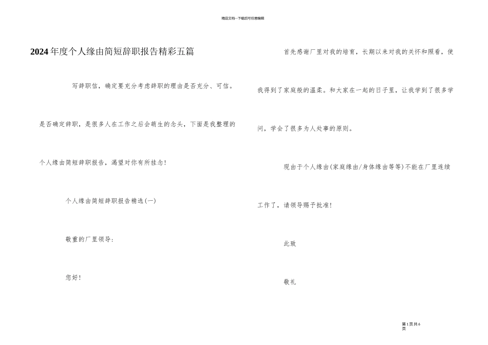 2024年度个人原因简短辞职报告精彩五篇_第1页