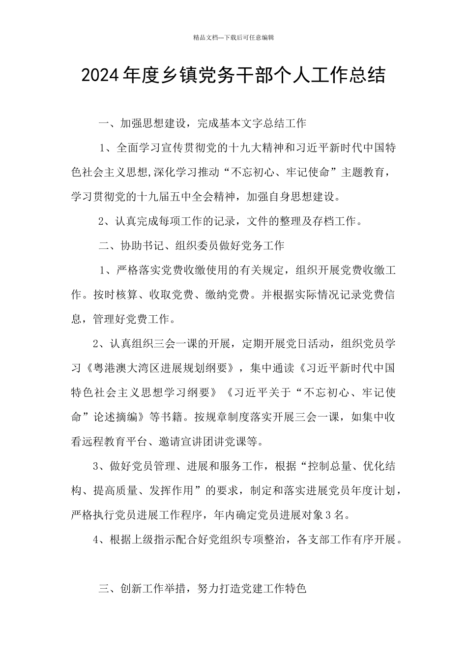 2024年度乡镇党务干部个人工作总结_第1页