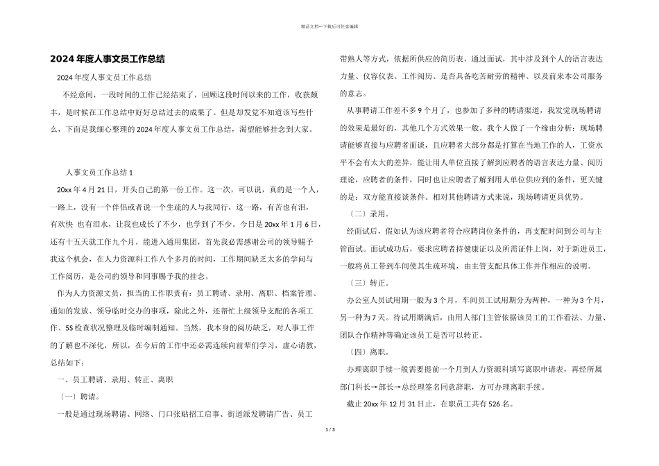2024年度人事文员工作总结_第1页