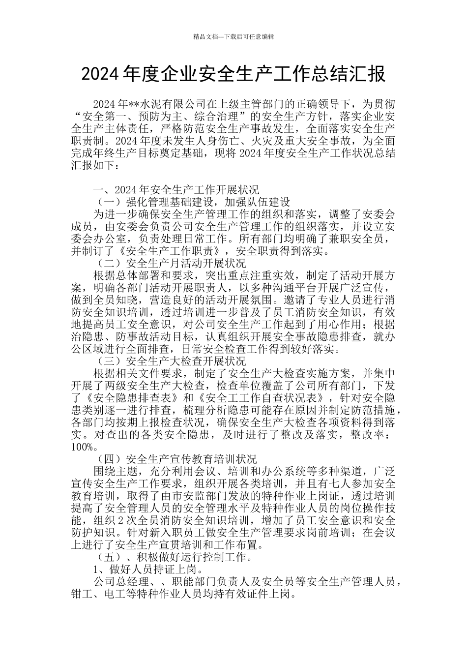 2024年度企业安全生产工作总结汇报_第1页