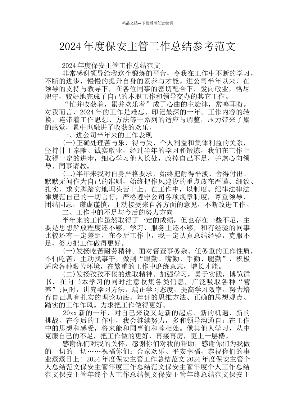 2024年度保安主管工作总结参考范文_第1页