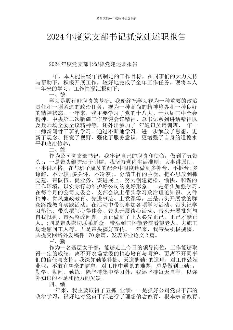 2024年度党支部书记抓党建述职报告_第1页