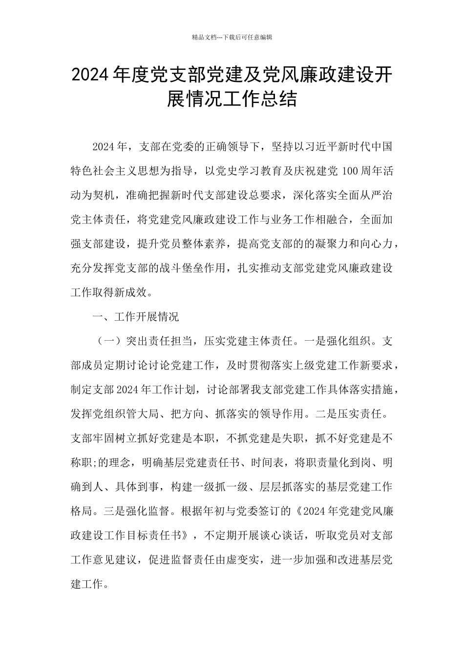 2024年度党支部党建及党风廉政建设开展情况工作总结_第1页