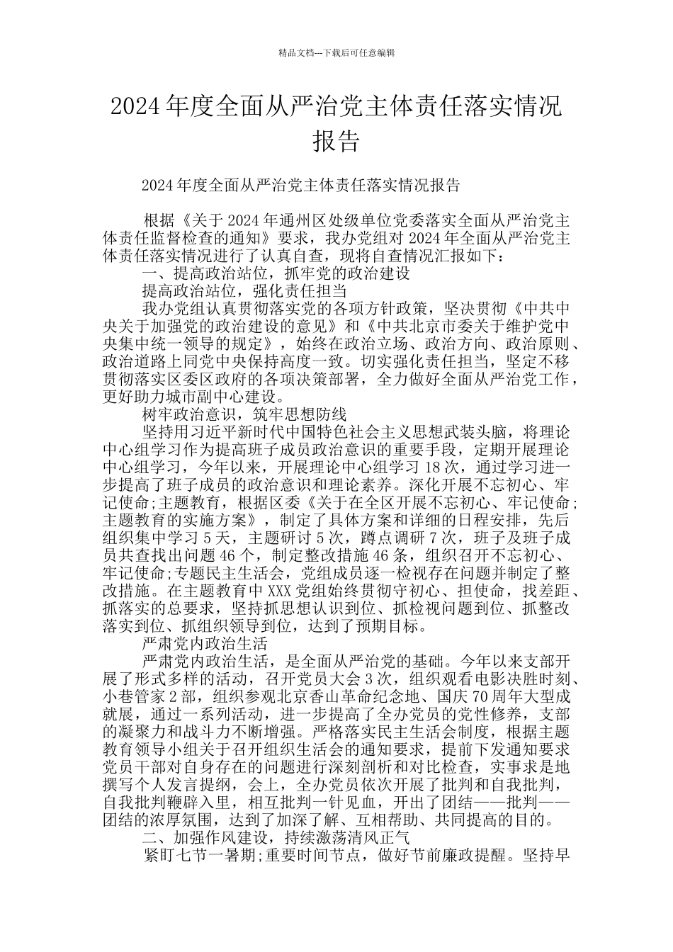 2024年度全面从严治党主体责任落实情况报告_第1页