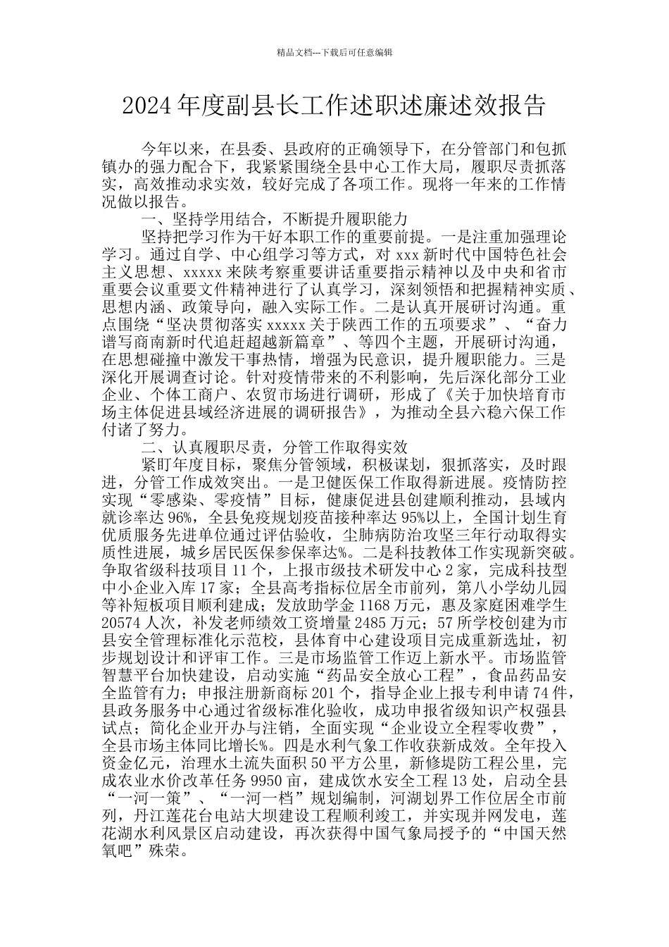 2024年度副县长工作述职述廉述效报告_第1页