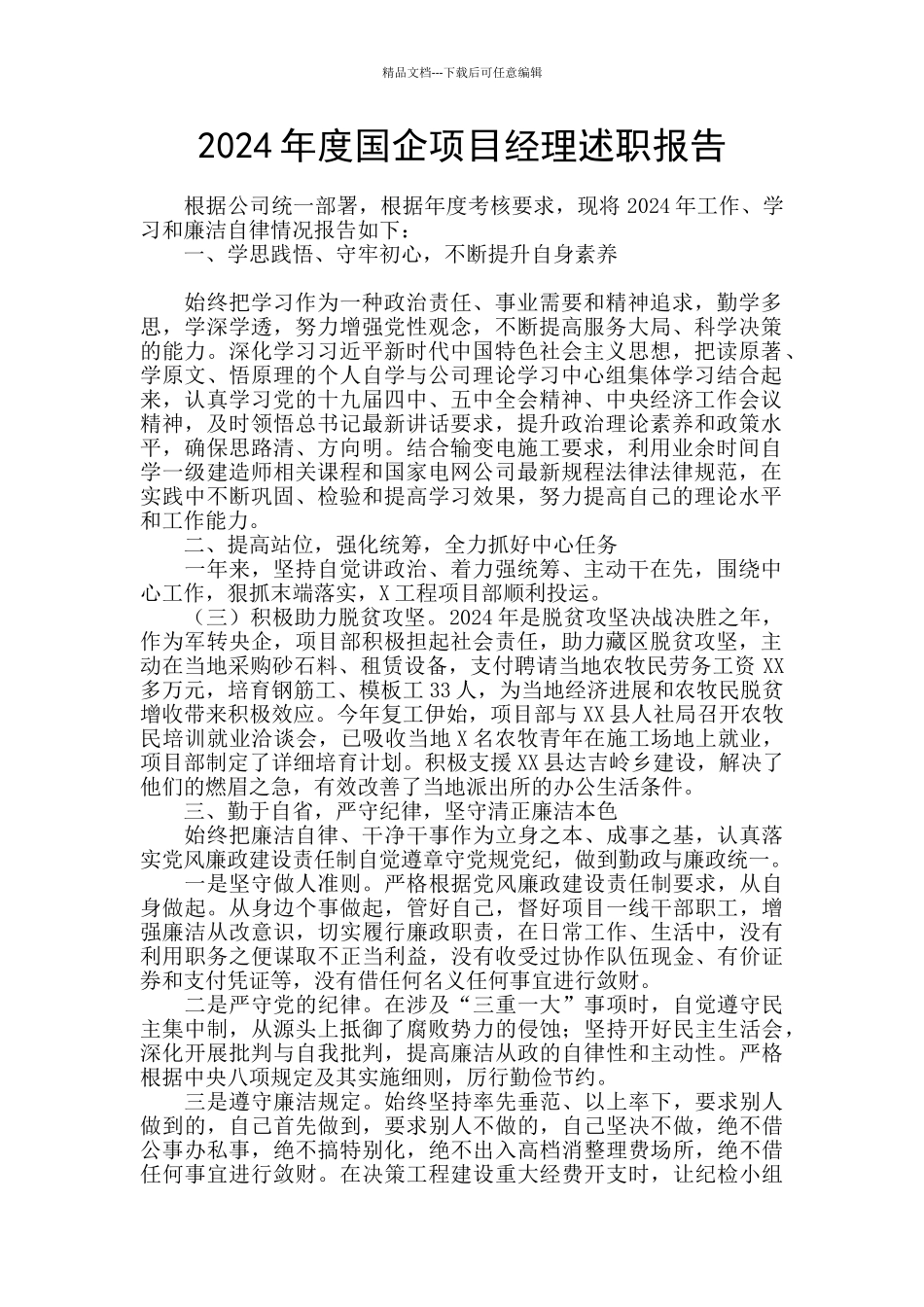 2024年度国企项目经理述职报告_第1页