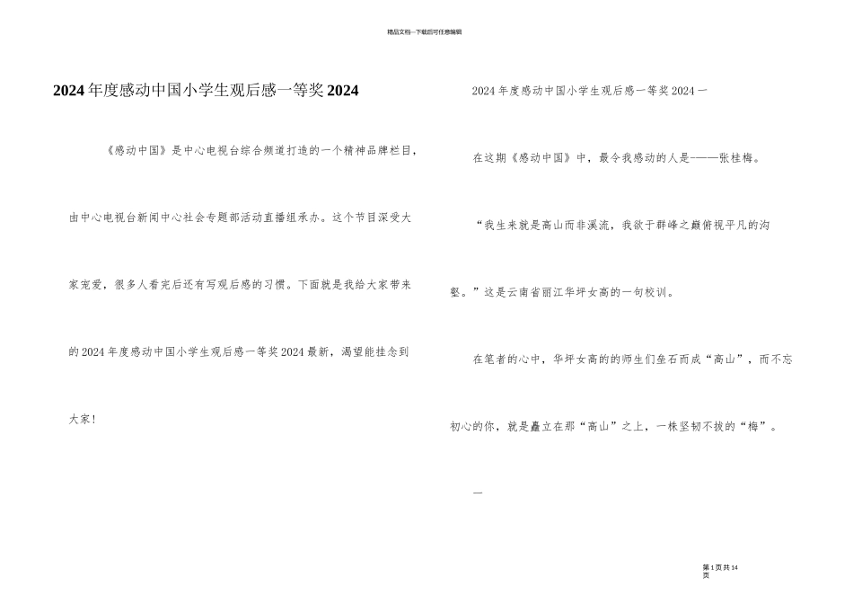 2024年度感动中国小学生观后感一等奖2024_第1页