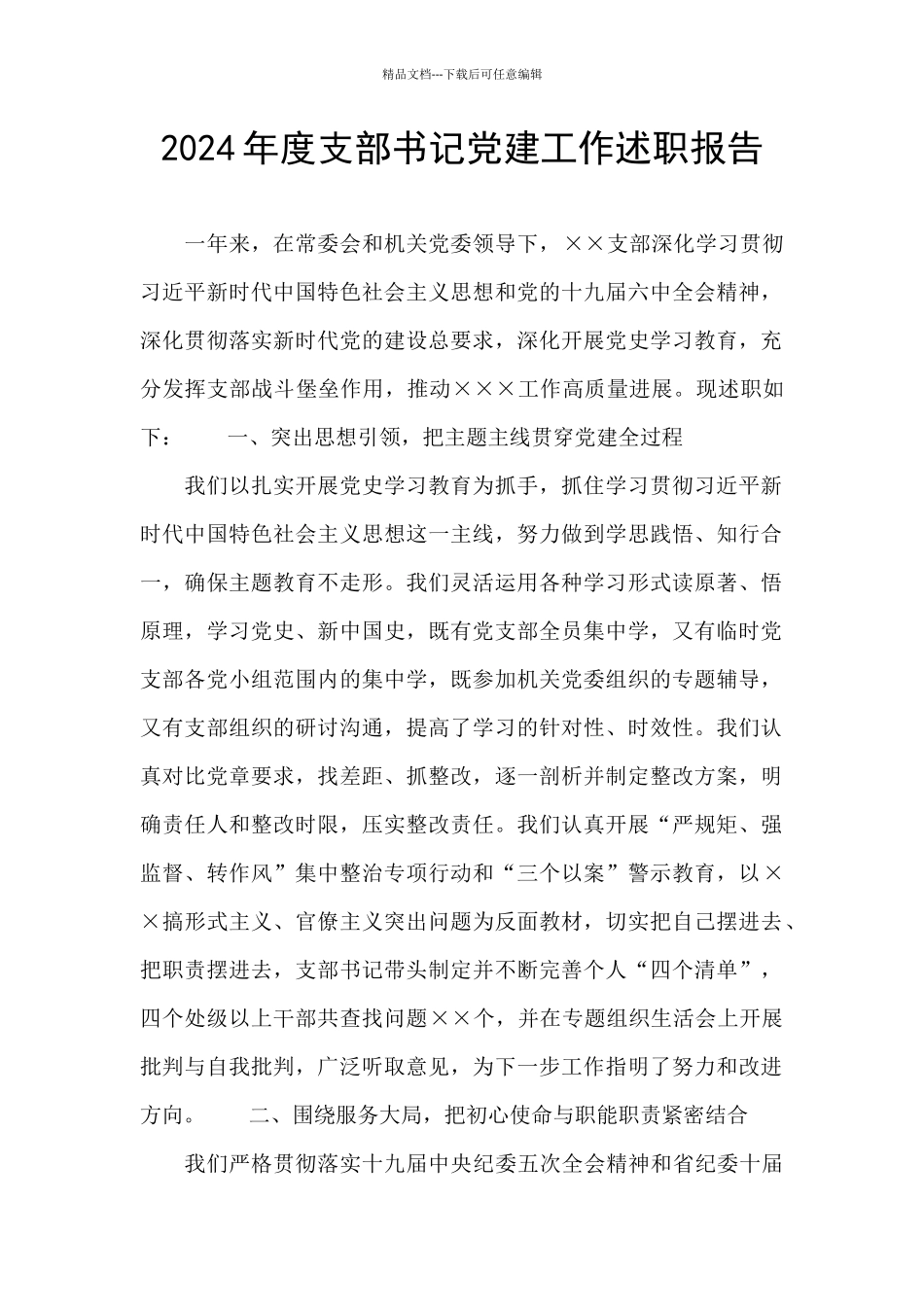 2024年度支部书记党建工作述职报告_第1页