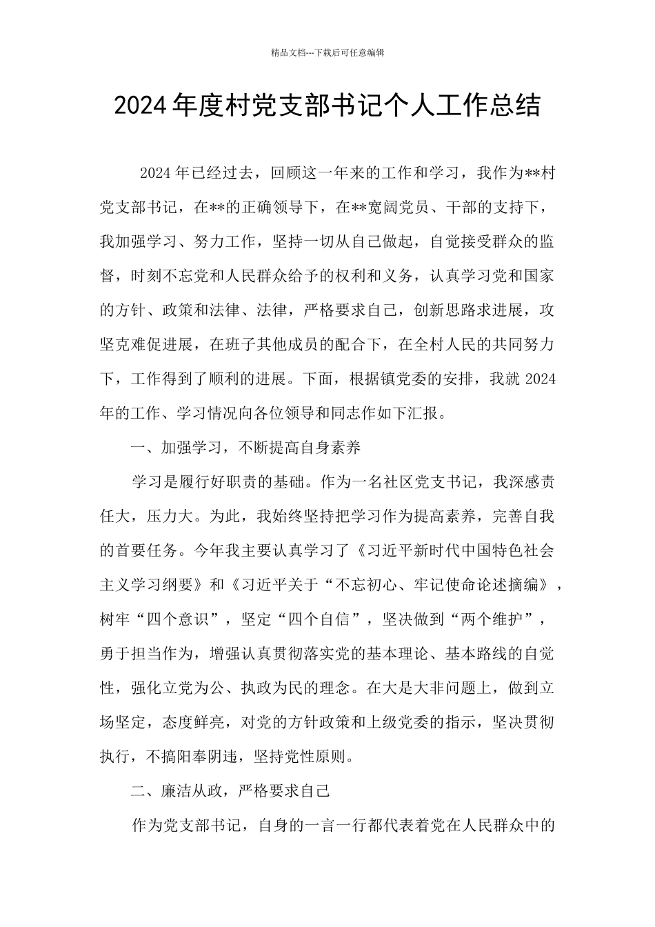 2024年度村党支部书记个人工作总结_第1页