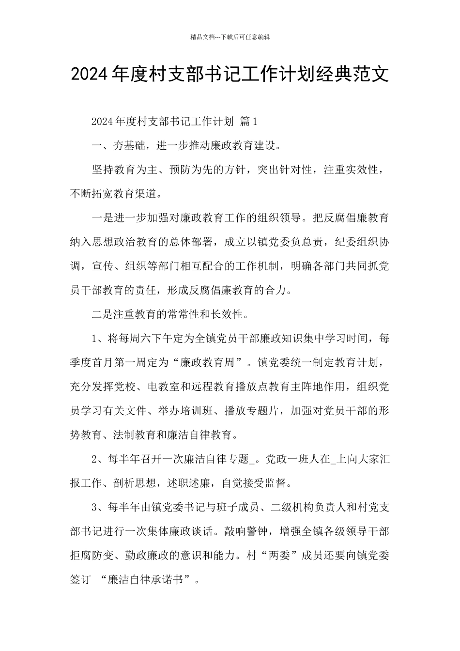 2024年度村支部书记工作计划经典范文_第1页