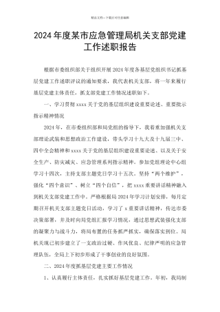 2024年度某市应急管理局机关支部党建工作述职报告
