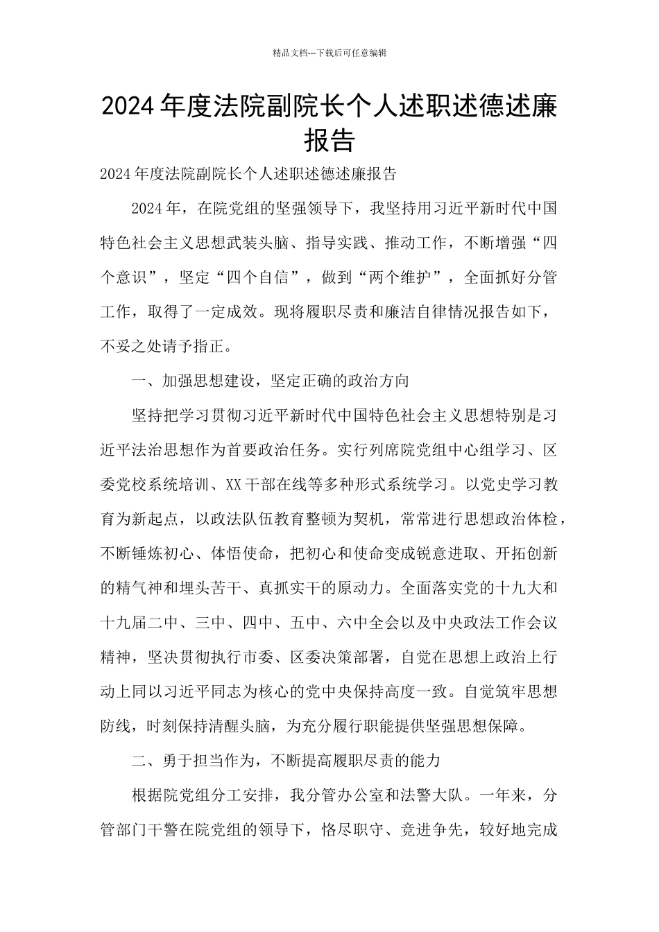 2024年度法院副院长个人述职述德述廉报告_第1页