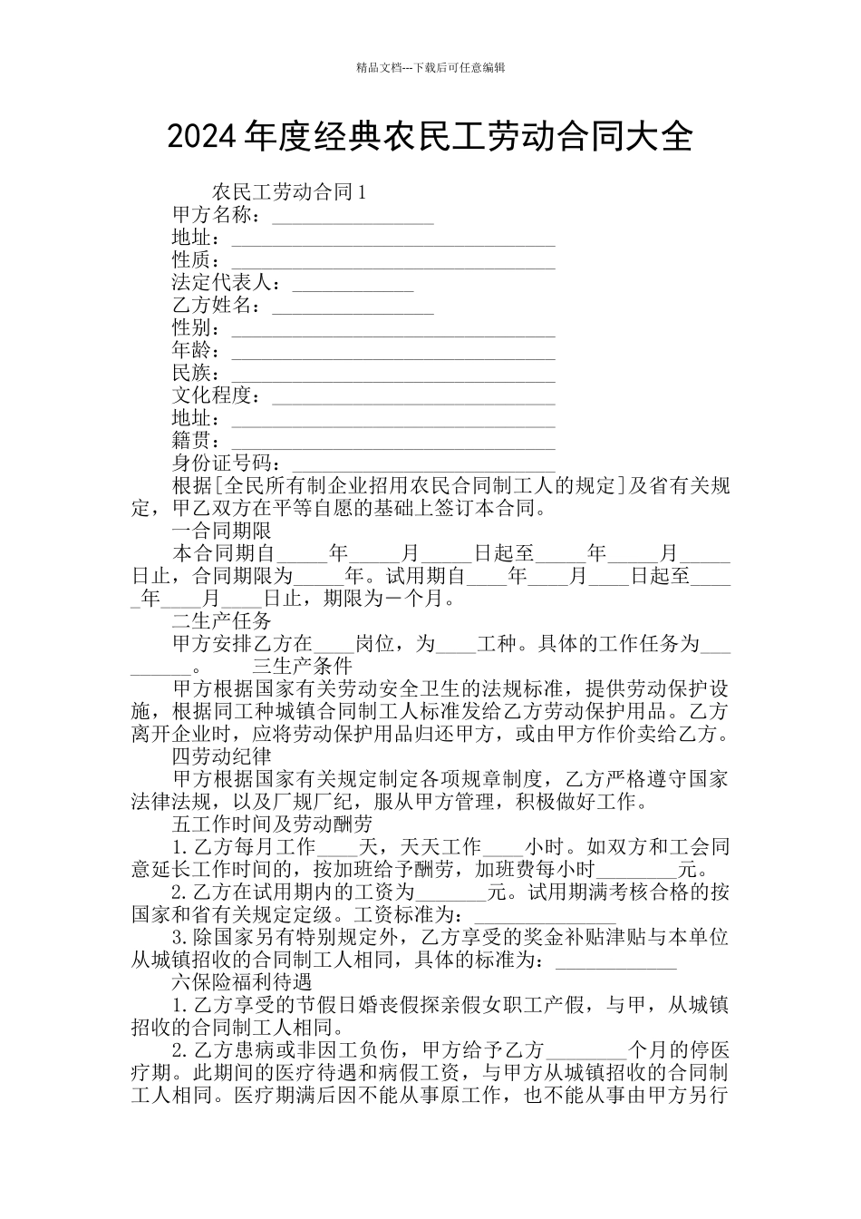 2024年度经典农民工劳动合同大全_第1页