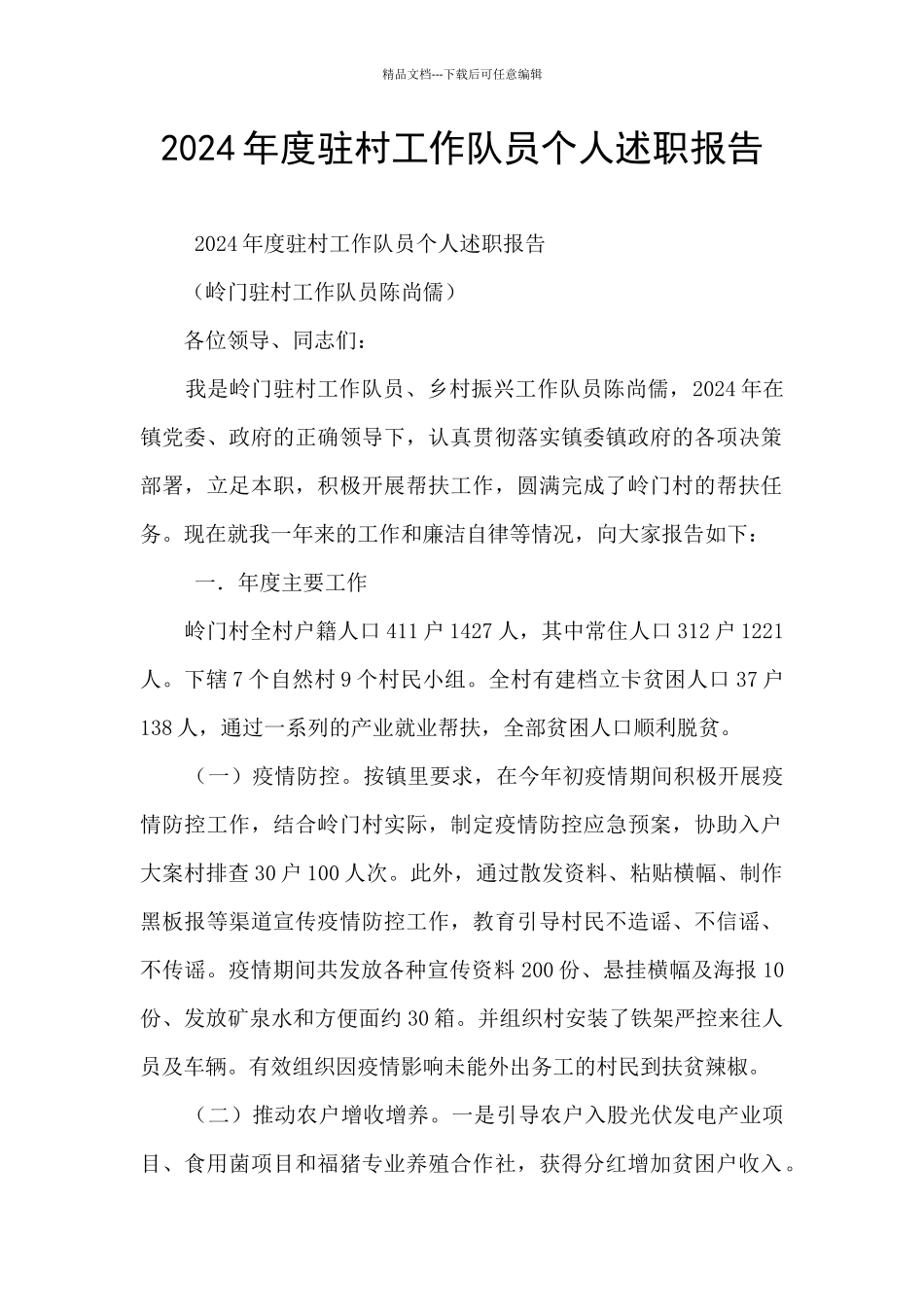 2024年度驻村工作队员个人述职报告_第1页