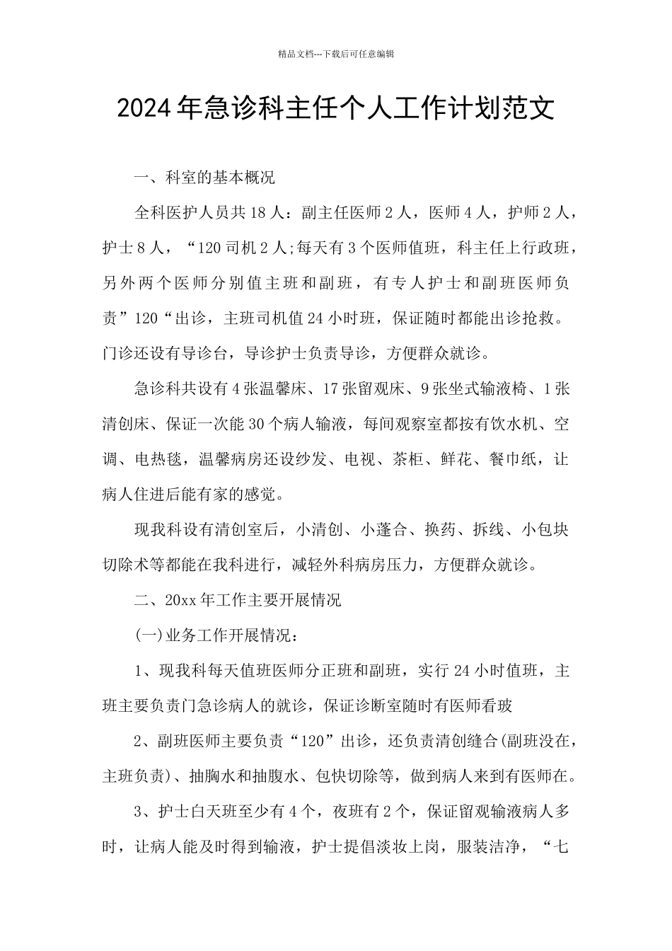 2024年急诊科主任个人工作计划范文_第1页