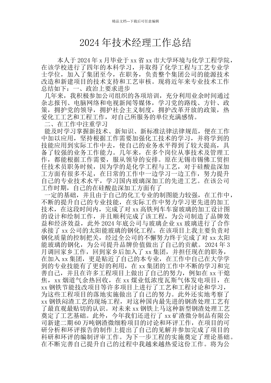 2024年技术经理工作总结_第1页