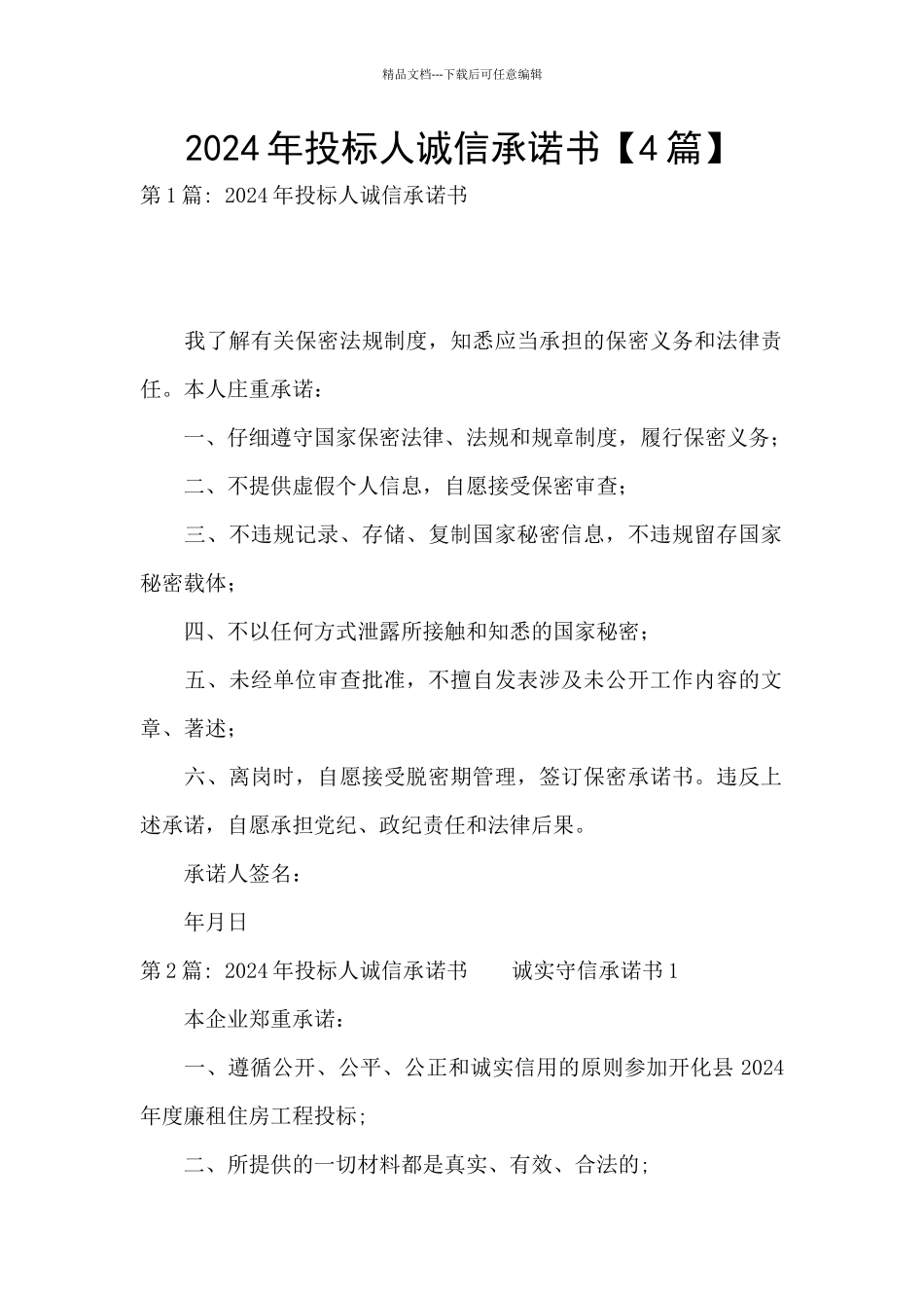 2024年投标人诚信承诺书_第1页