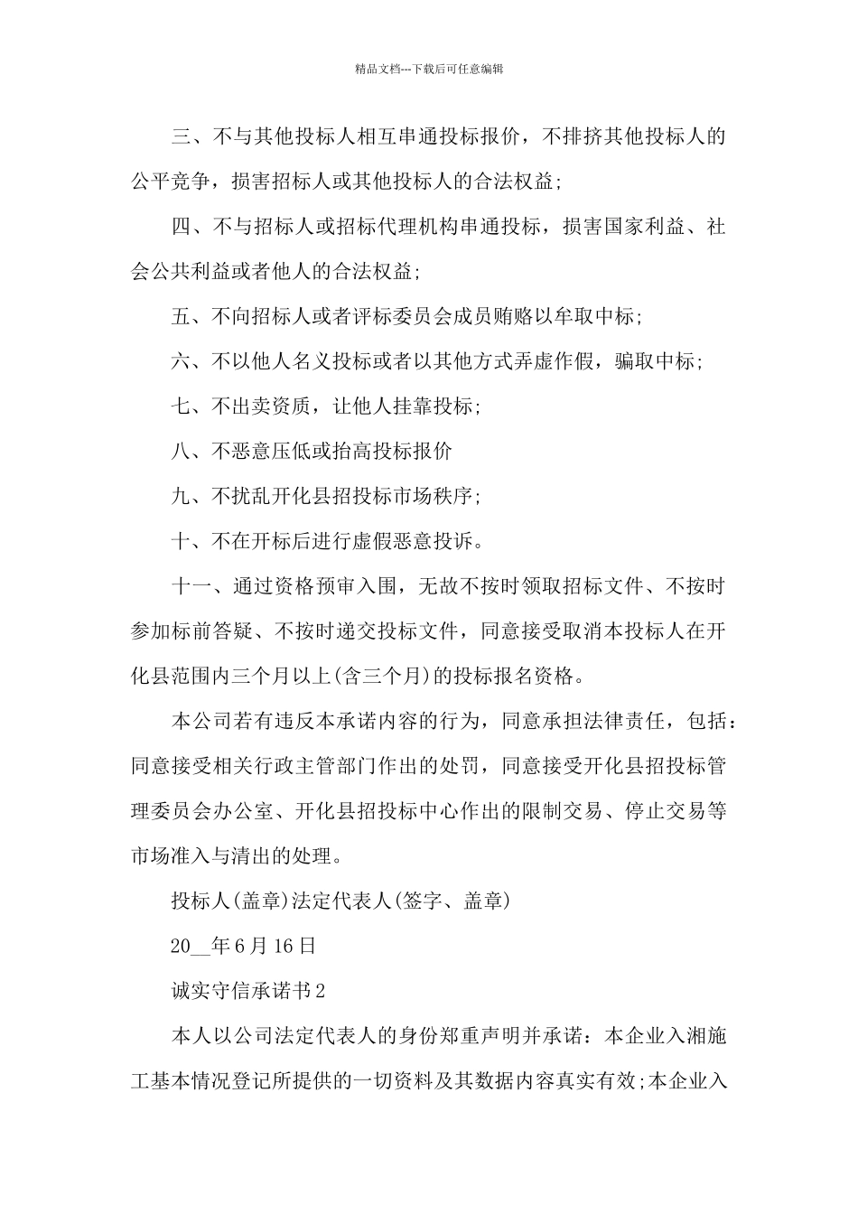 2024年投标人诚信承诺书_第2页